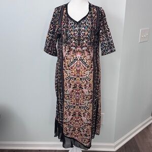 Multicolored Midi V-Neck Dress With Lace Trim